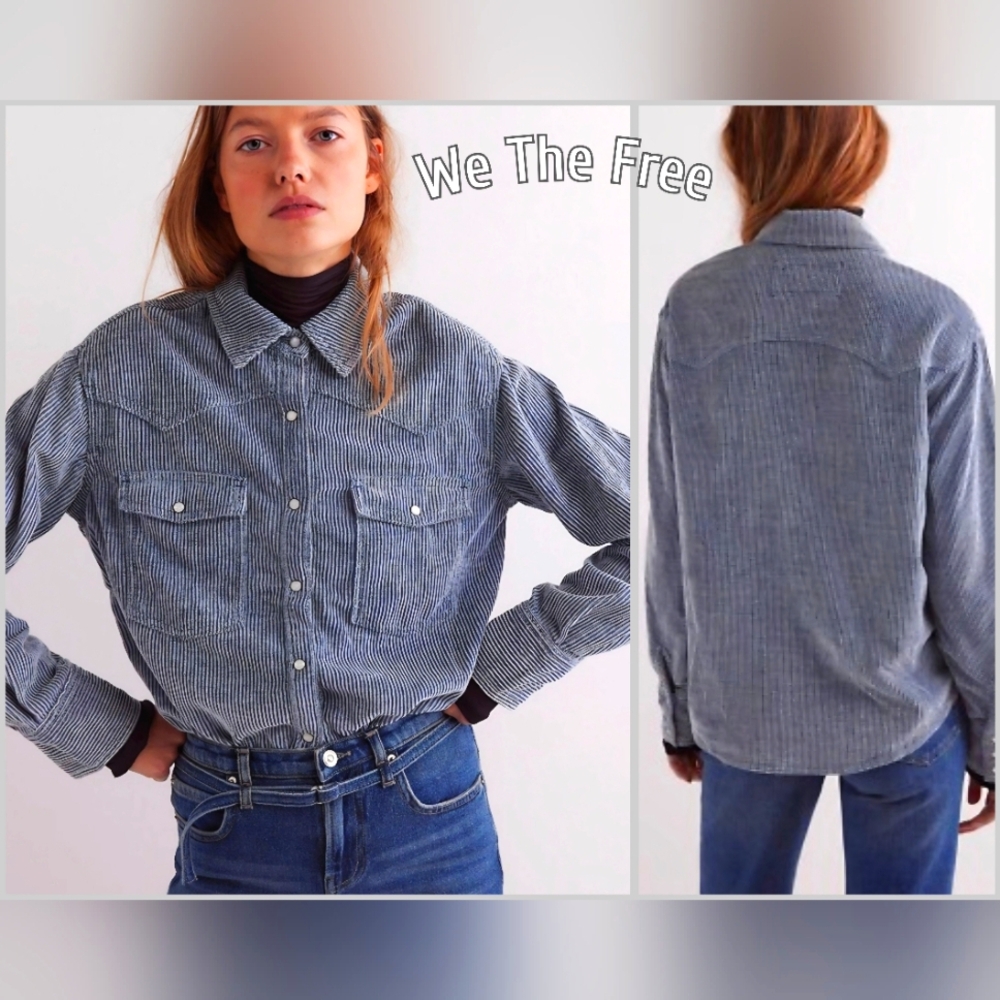 We The Free Hideaway Cord Shirt Roscoe Blue Size L NWT